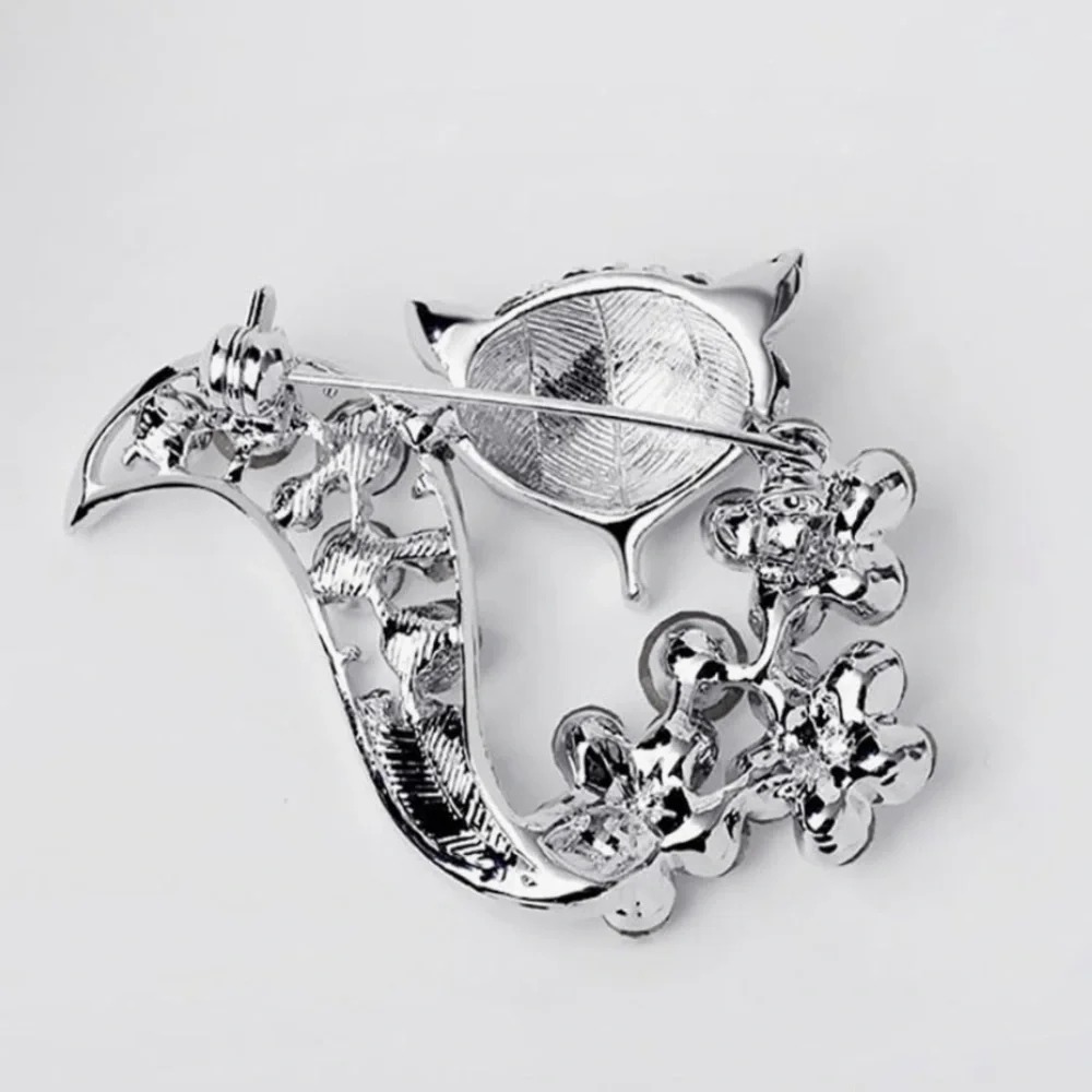 Silver Crystal Fox Brooch with Iridescent Floral Accents